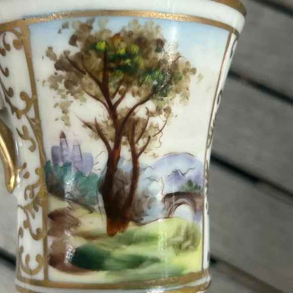 Vintage Hand Painted Porcelain Landscape Cup and Saucer Gold Trim - Picture 6 of 10